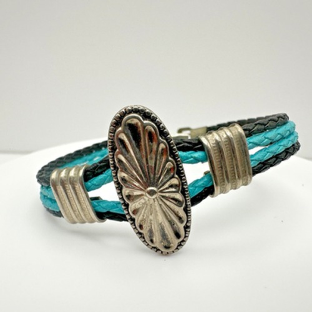 Vintage 80s Black & Turquoise Braided Bracelet, Silver-Tone Concho & Box Clasp